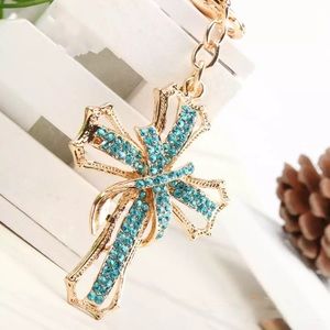 Ornate Blue Crystal and Gold Cross Keychain Charm